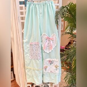 Cottagecore seafoam Green Patchwork cotton wide leg pants w/ Lace Accents